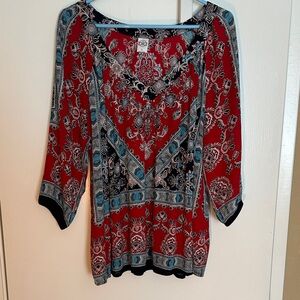 Beautiful flowy red and blue rayon blouse